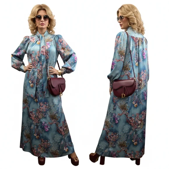 VTG 70s Christian Dior Canada Floral Maxi Robe Lavallière Gown Size S - Picture 4 of 10